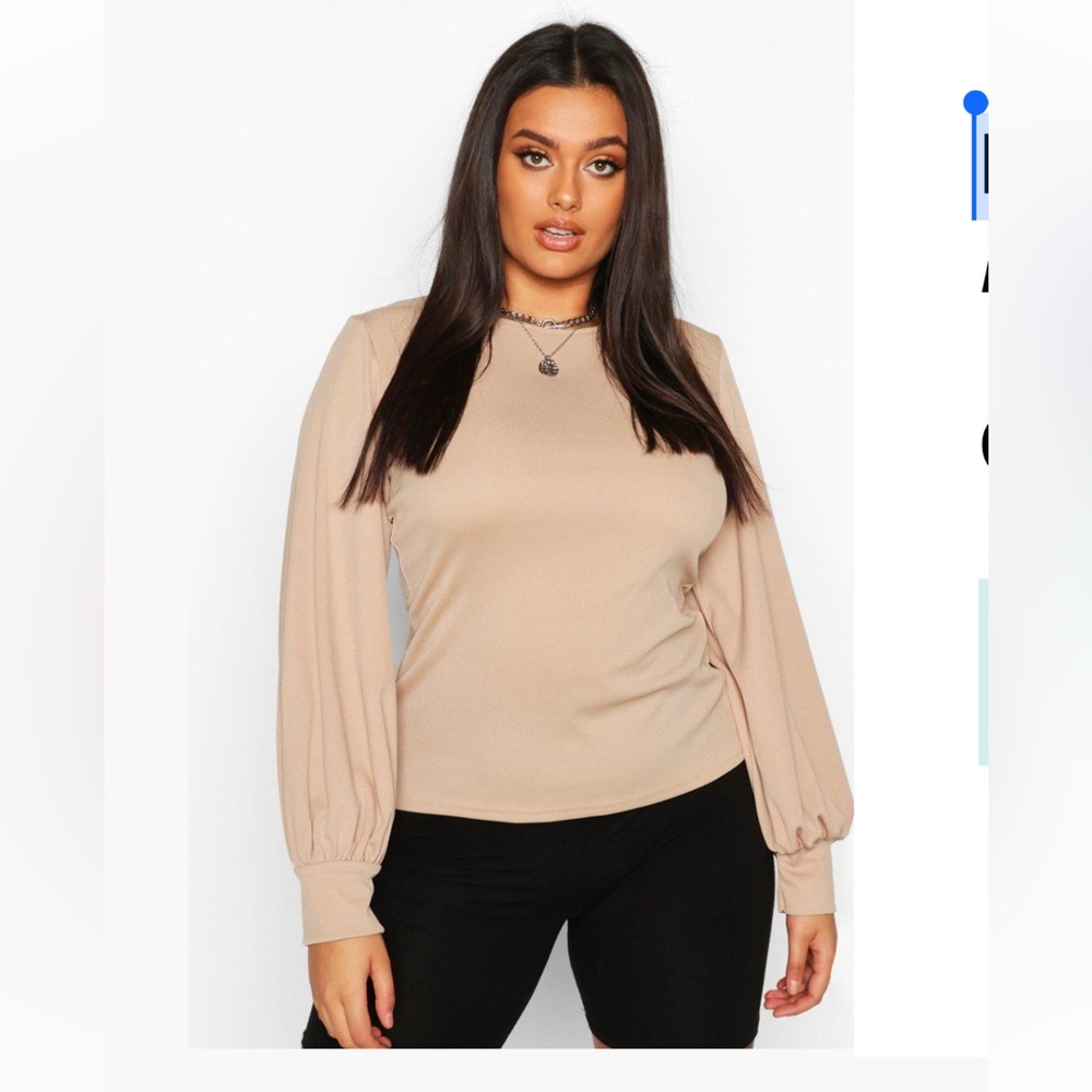 Boohoo Plus Soft Rib Balloon Sleeve Crew Neck Top